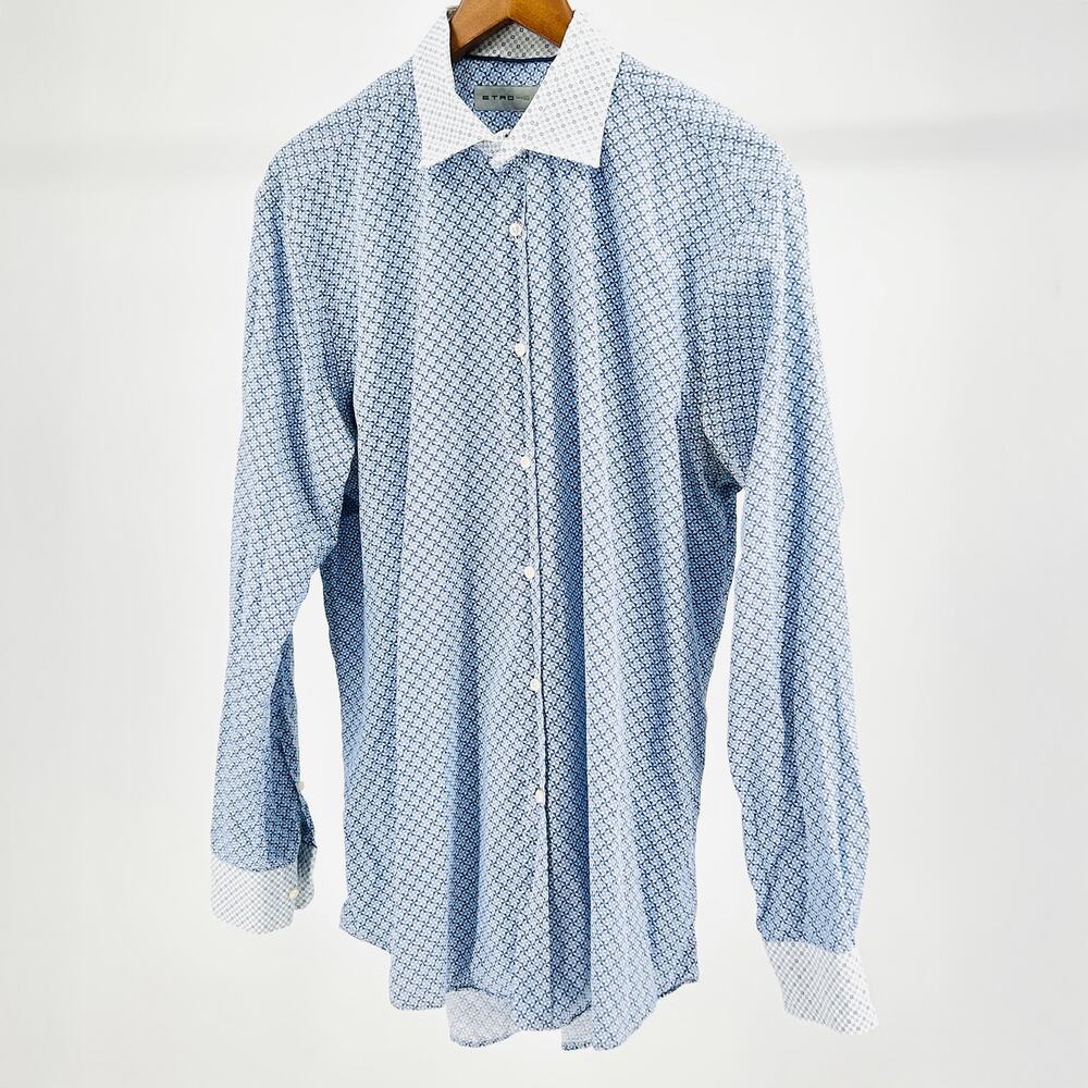 Etro Italy Blue Geometric Print Contrast Collar Cuff Button Down Shirt